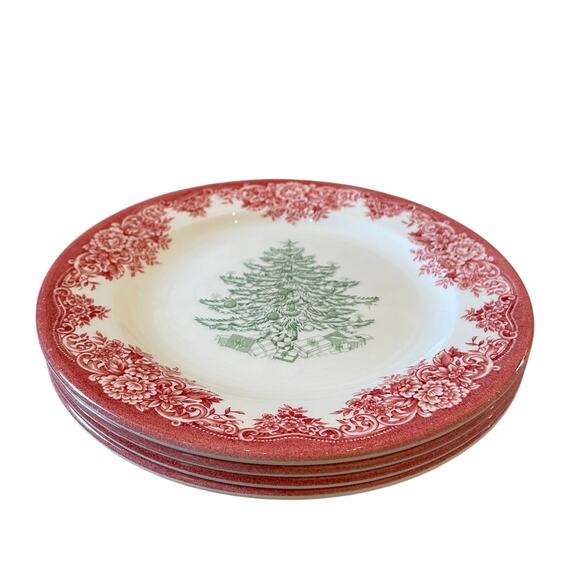 4pc Royal Stafford CHRISTMAS TREE Porcelain Salad Plates 8.5" Red Green NEW - Picture 8 of 12
